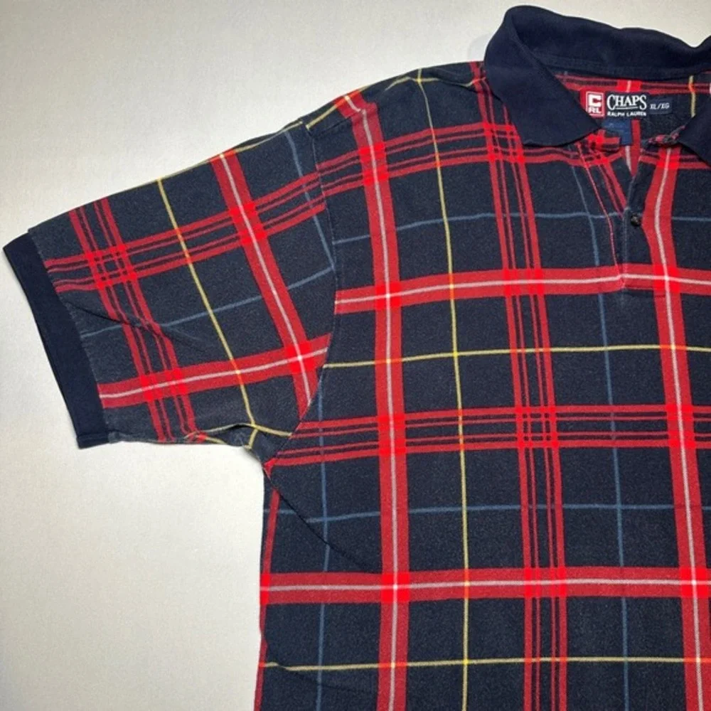 Vtg Chaps Ralph Lauren Polo Shirt Mens XL Red‎ Tartan Plaid Collared 90s Golf